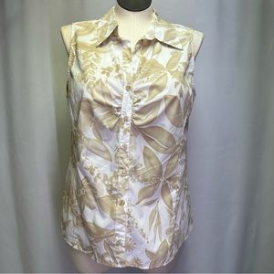 *NWT* White Stag Plus Size 1X 16W Tan & White Floral Sleeveless Poplin Shirt
